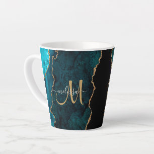 Chic Teal Gold Glitter Agate Custom Monogram Latte Mug