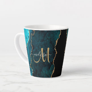 Chic Teal Gold Glitter Agate Custom Monogram Latte Mug