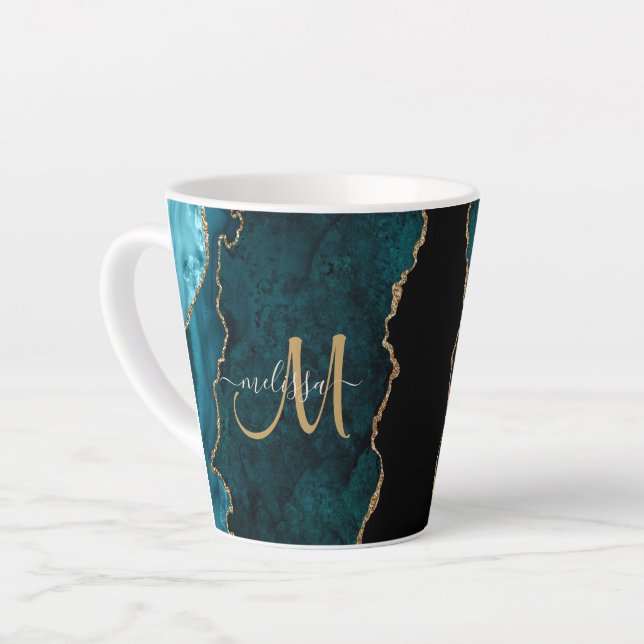 Chic Teal Gold Glitter Agate Custom Monogram Latte Mug (Left Angle)