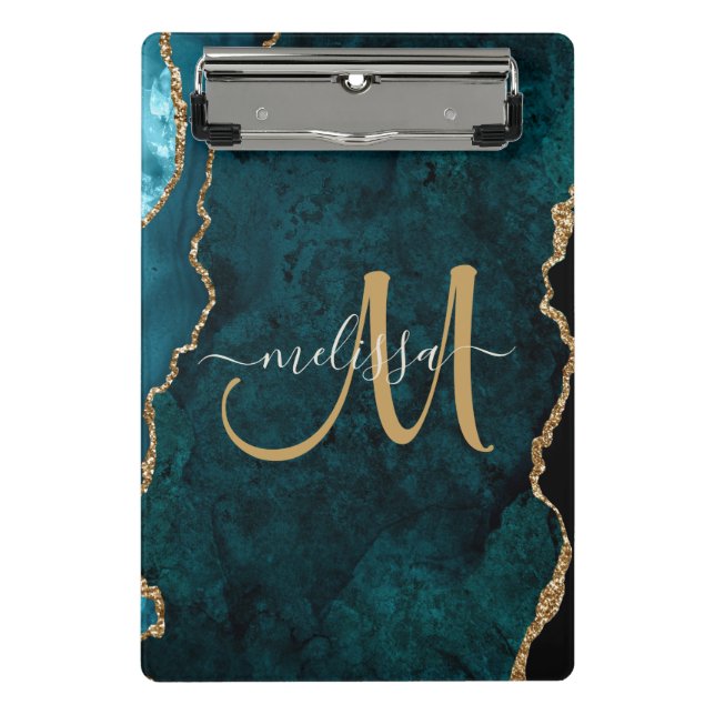 Chic Teal Gold Glitter Agate Custom Monogram Mini Clipboard (Front)