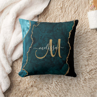 Chic Teal Gold Glitter Agate Custom Monogram Throw Pillow