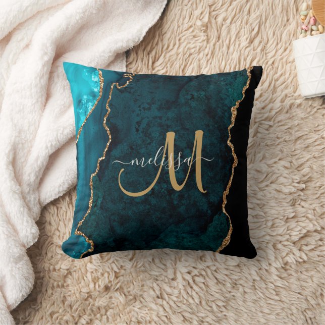 Chic Teal Gold Glitter Agate Custom Monogram Throw Pillow (Blanket)