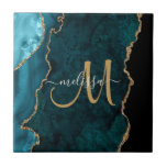 Chic Teal Gold Glitter Agate Custom Monogram Tile<br><div class="desc">This elegant personalized decorative tile features chic teal agate accented with faux gold glitter. Personalize your monogram initial in hand lettered script with your name above. A unique girly gift for birthday, holidays and any special occasion. Designed just for you by Extreme Tees!</div>