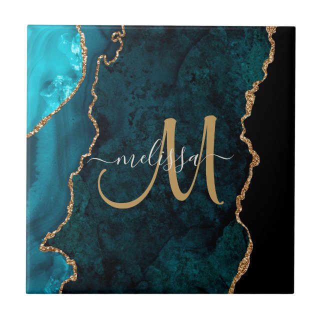 Chic Teal Gold Glitter Agate Custom Monogram Tile (Front)