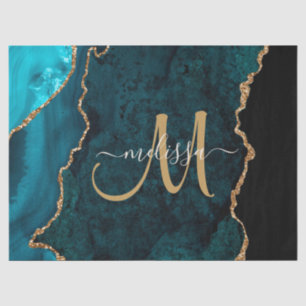 Chic Teal Gold Glitter Agate Custom Monogram Tissue Paper
