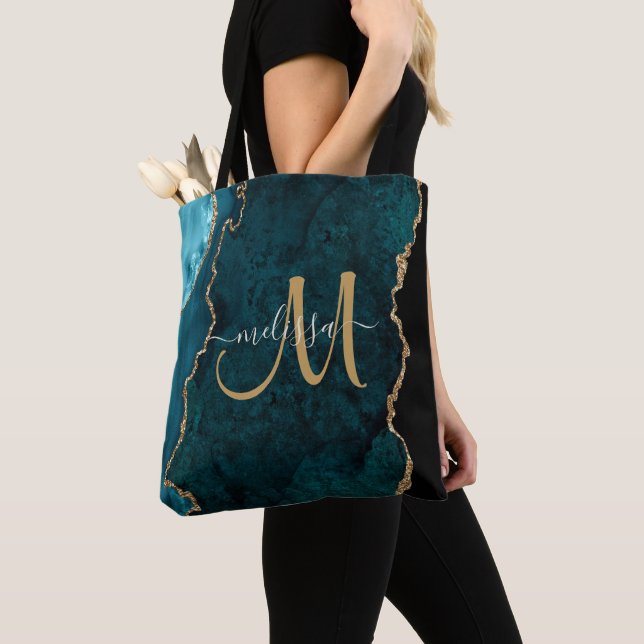 Chic Teal Gold Glitter Agate Custom Monogram Tote Bag (Close Up)