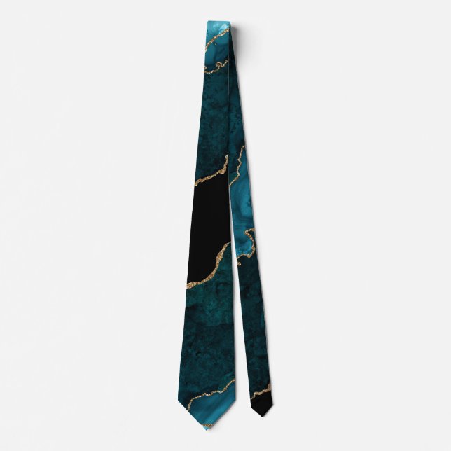 Chic Teal Gold Glitter Agate Marble Wedding Tie (Front)