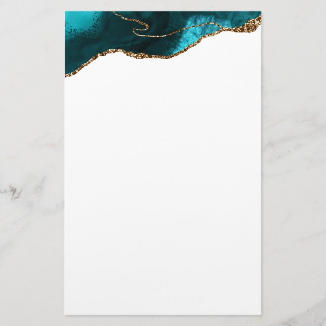 Chic Teal Gold Glitter Agate Modern Stationery (Front)