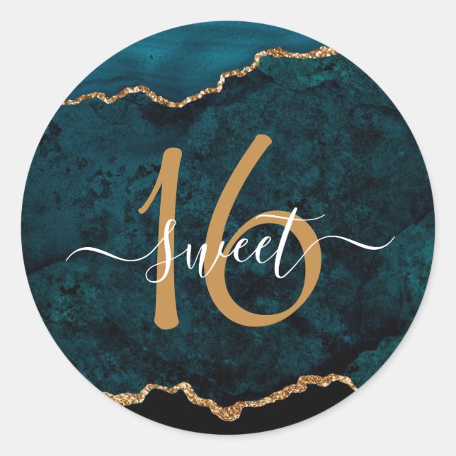 Chic Teal Gold Glitter Agate Sweet 16 Classic Round Sticker (Front)