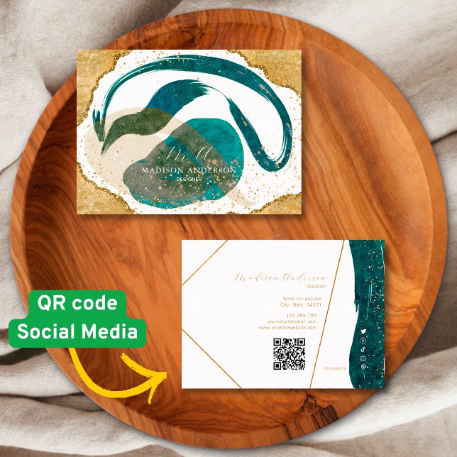 Chic Teal Gold Glitter Website QR Code Business Card (Creator Uploaded)