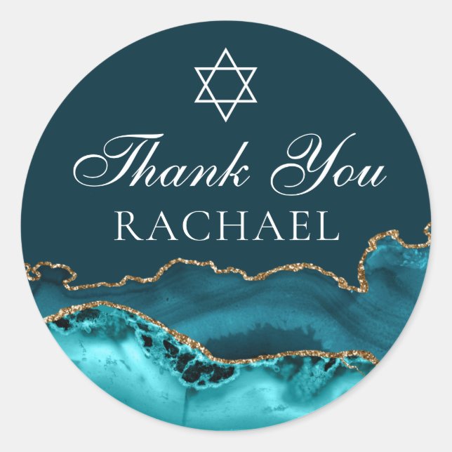 Chic Teal Gold Personalized Bat Mitzvah Thank You Classic Round Sticker (Front)