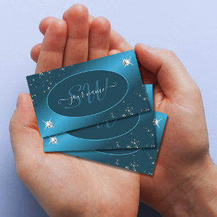 Chic Teal Gradient Glitter Stars Diamonds Monogram Business Card
