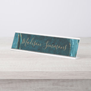 Chic Teal Green Gold Agate Geode Feminine Script Desk Name Plate