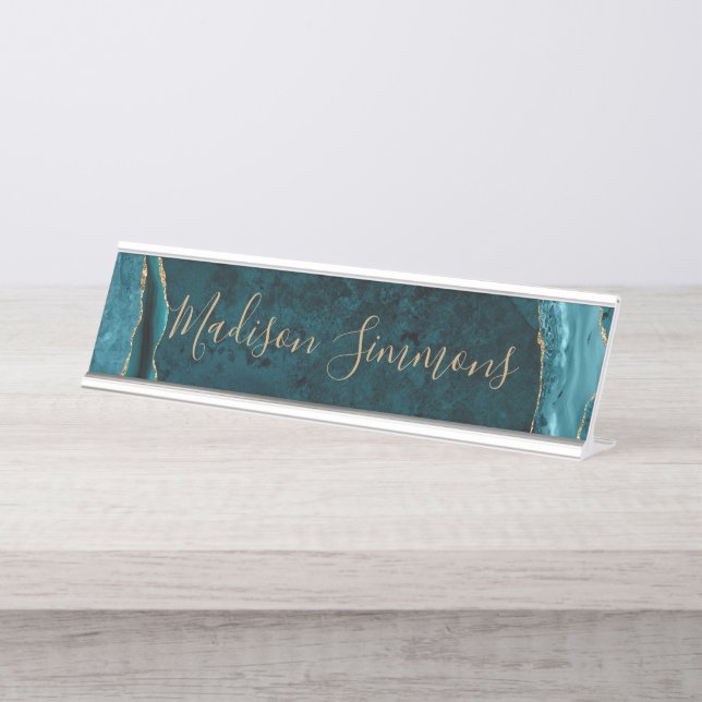 Chic Teal Green Gold Agate Geode Feminine Script Desk Name Plate (Front)