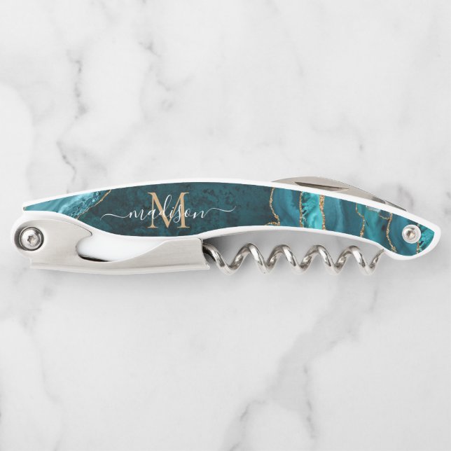 Chic Teal Green Gold Glitter Agate Geode Monogram Corkscrew (Front)