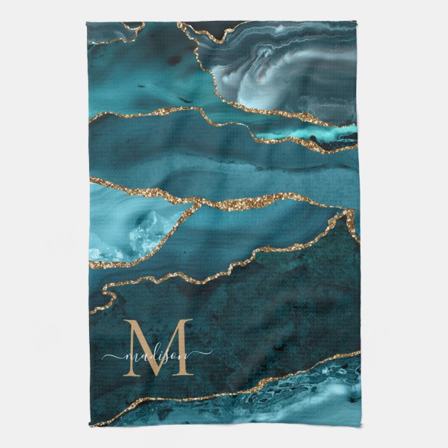 Chic Teal Green Gold Glitter Geode Marble Monogram Kitchen Towel (Vertical)