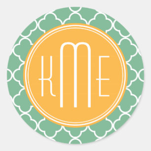 Chic Teal Green Quatrefoil with Yellow Monogram Classic Round Sticker