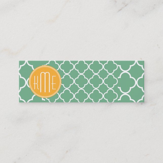 Chic Teal Green Quatrefoil with Yellow Monogram Mini Business Card (Front)