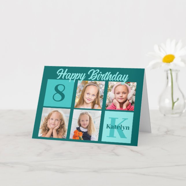 Chic Teal Happy Birthday Custom Photo Collage Card (Small Plant)