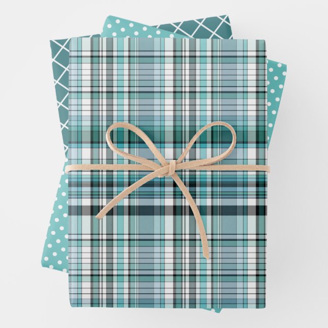 Chic Teal Mint Winter Blue Green Plaid Polkadots Wrapping Paper Sheet (In situ)