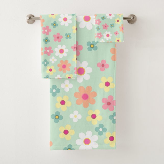 Chic teal & orang pink cute floral pattern bath towel set (Insitu)