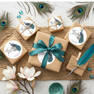 Chic Teal Peacock Thank You Classic Round Sticker