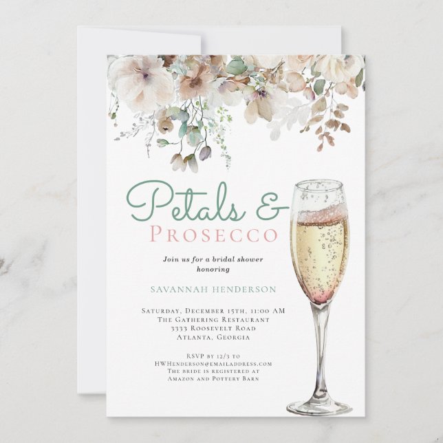 Chic Teal Petals and Prosecco Floral Bridal Shower Invitation (Front)
