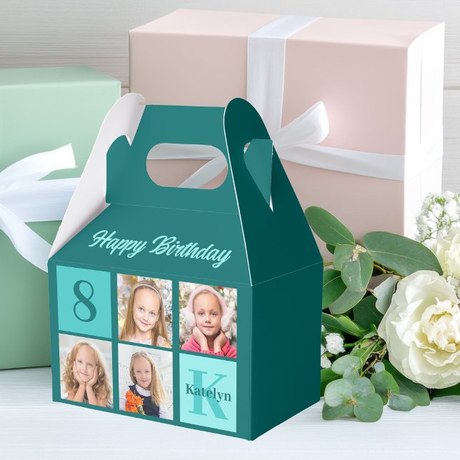 Chic Teal Photo Collage Custom Birthday Party Favor Box (Creator Uploaded)