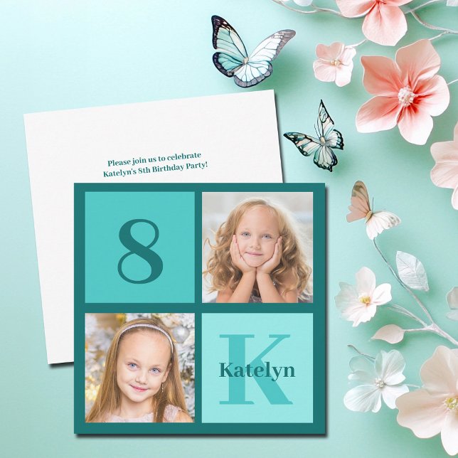 Chic Teal Photo Collage Custom Birthday Party Invitation (Creator Uploaded)