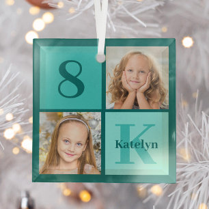 Chic Teal Photo Collage Personalized Christmas Glass Ornament