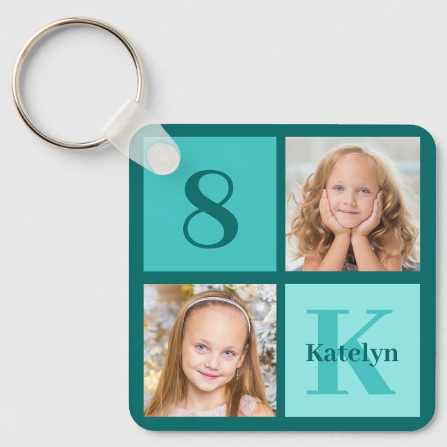 Chic Teal Photo Collage Personalized Keychain (Front)
