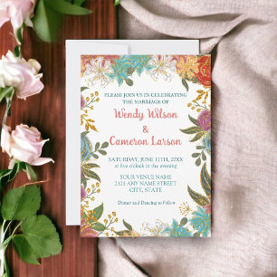 Chic Teal Rust Floral Wedding Invitation