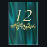 Chic Teal Satin Look Wedding Table Number Card<br><div class="desc">Elegant wedding reception table number card,  with graphics of a teal coloured satin looking background,  with a gold tone flourishes running under the table number.  Personalize the number for each table at your reception.  Matching products available.</div>