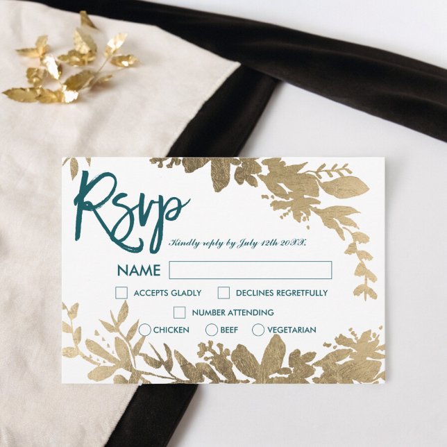 Chic teal script Floral gold leaf rsvp wedding Invitation (Chic teal script Floral gold leaf rsvp wedding Invitation)