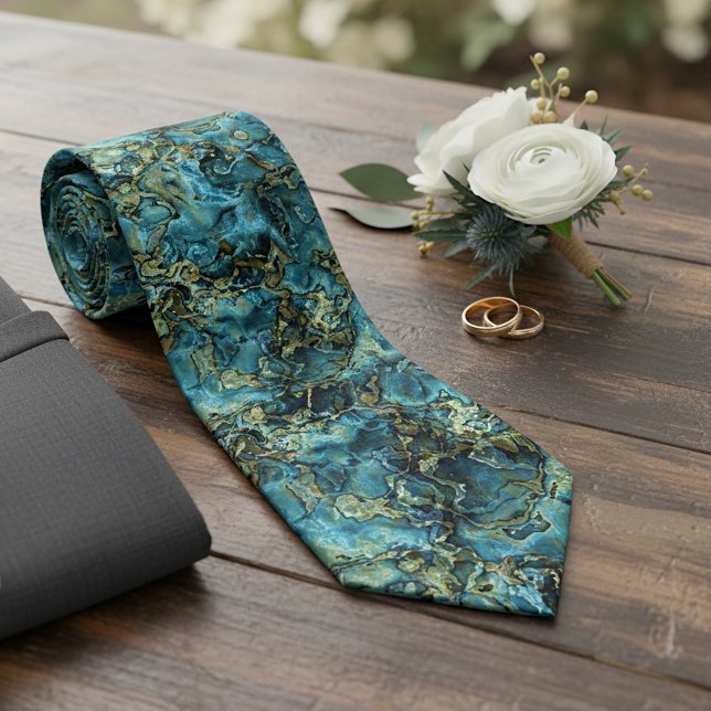 Chic Teal Turquoise Blue Green Gold Marble Art Tie (Creator Uploaded)