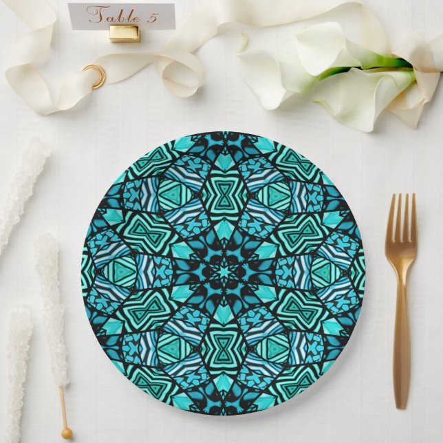 Chic Teal Turquoise Retro Oriental Mosaic Pattern Paper Plate (Wedding)