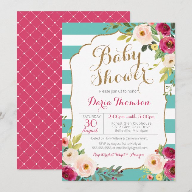 Chic Teal White Stripe Pink Floral Baby Shower Invitation (Front/Back)