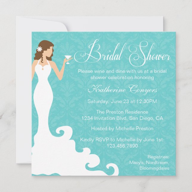 Chic Teal Wine Damask Bridal Shower Invitation (Front)