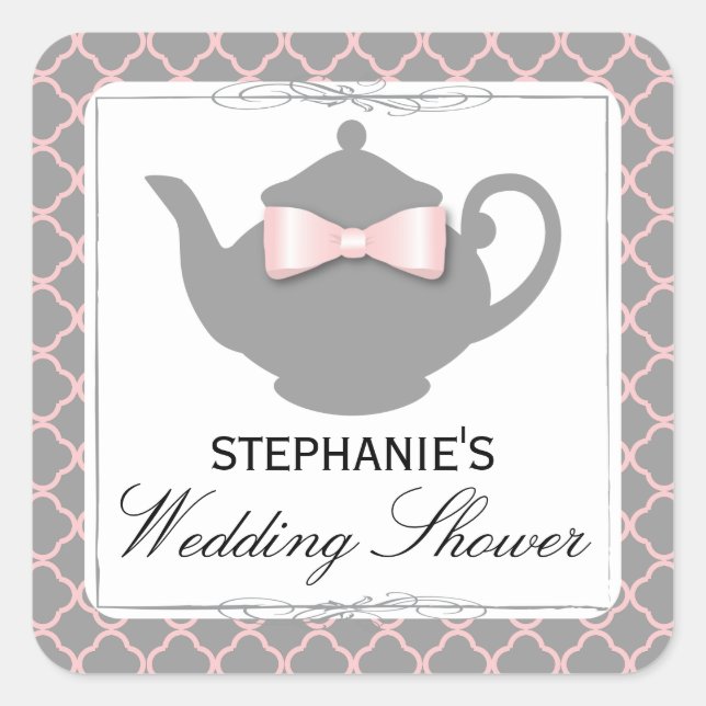 Chic Teapot Pink + Grey Bridal Shower Tea Sticker (Front)