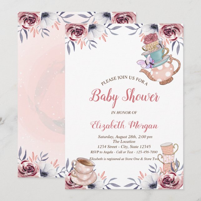 Chic Teapot Tea cup Floral Tea Party Baby Shower  Invitation (Front/Back)