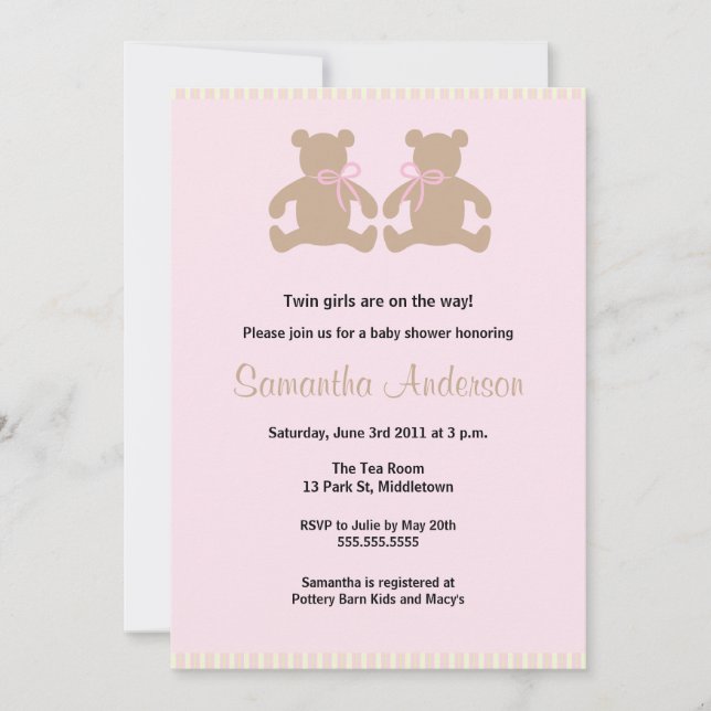 Chic Teddy Bear Baby Shower Invitation -Twin Girls (Front)