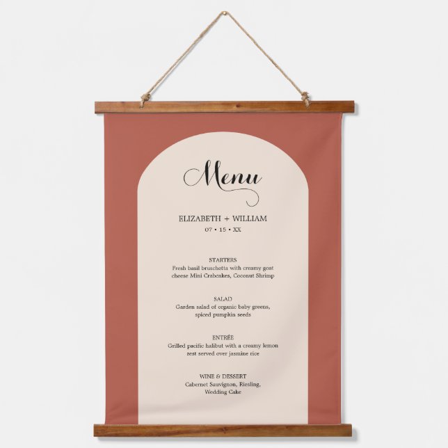 Chic Terracotta Arch Frame Script Wedding Menu Hanging Tapestry (Front)