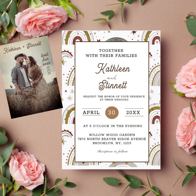 Chic Terracotta Bold Bright Boho Rainbow wedding  Invitation (This wedding invitation is a rainbow of boho beauty, with terracotta colors and a modern design.)