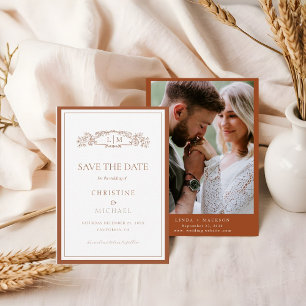 Chic Terracotta botanical crest monogram wedding Save The Date