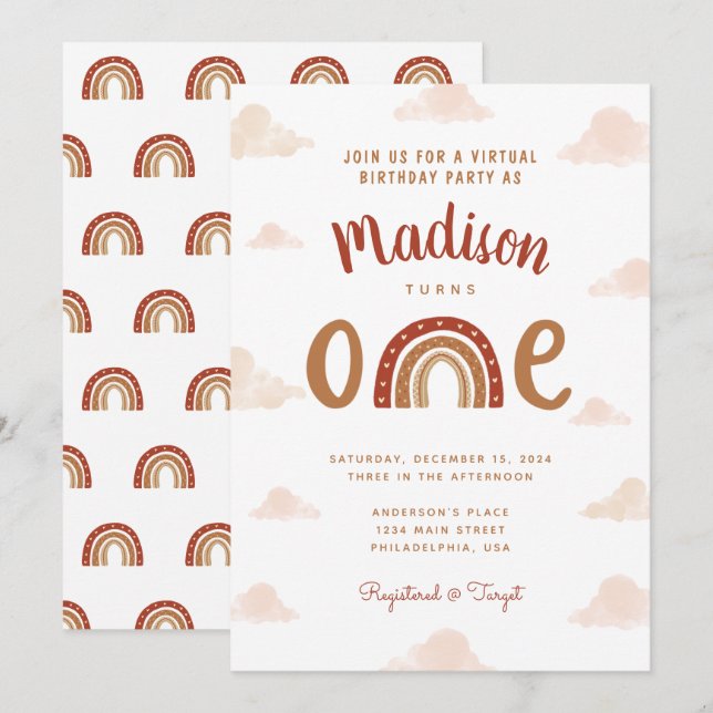 Chic Terracotta Rainbow First Birthday Invitation (Front/Back)