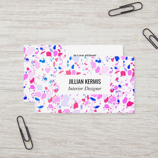 Chic terrazzo business card in blue pink purple (Front/Back In Situ)