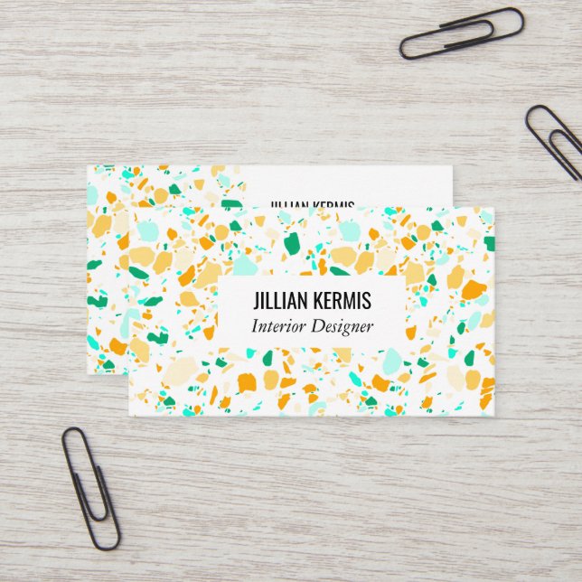 Chic terrazzo elegant business card aqua & gold (Front/Back In Situ)