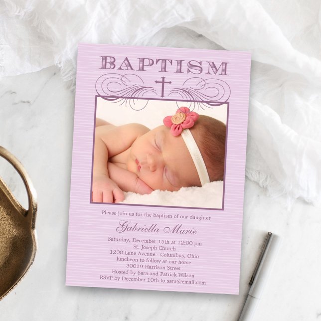 Chic Texture Photo Baptism Invitation - Purple (Creator Uploaded)