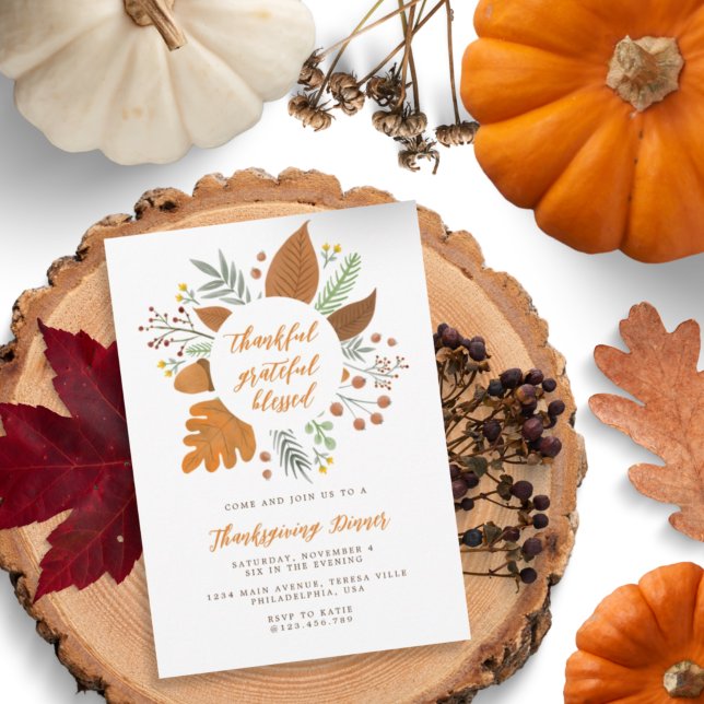 Chic Thankful Grateful Blessed Thanksgiving Dinner Invitation (Creator Uploaded)