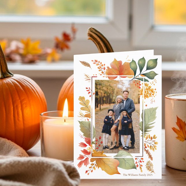 Chic Thanksgiving Family Photo Fall Leaf Border Holiday Card (Creator Uploaded)